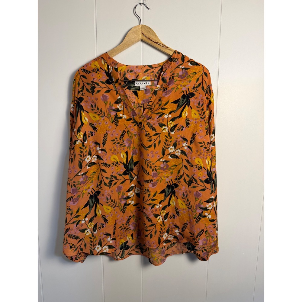 Ava & Viv Blouse Size X Orange Floral Split V-Neck Long Sleeve Pullover